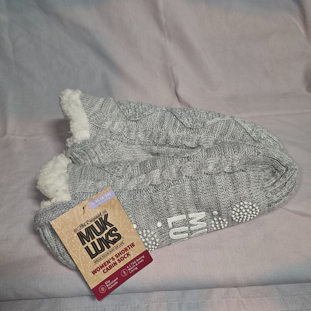MUK LUKS Women’s Shortie Socks Gray Sherpa Lined Slipper Socks Size L/XL NWT